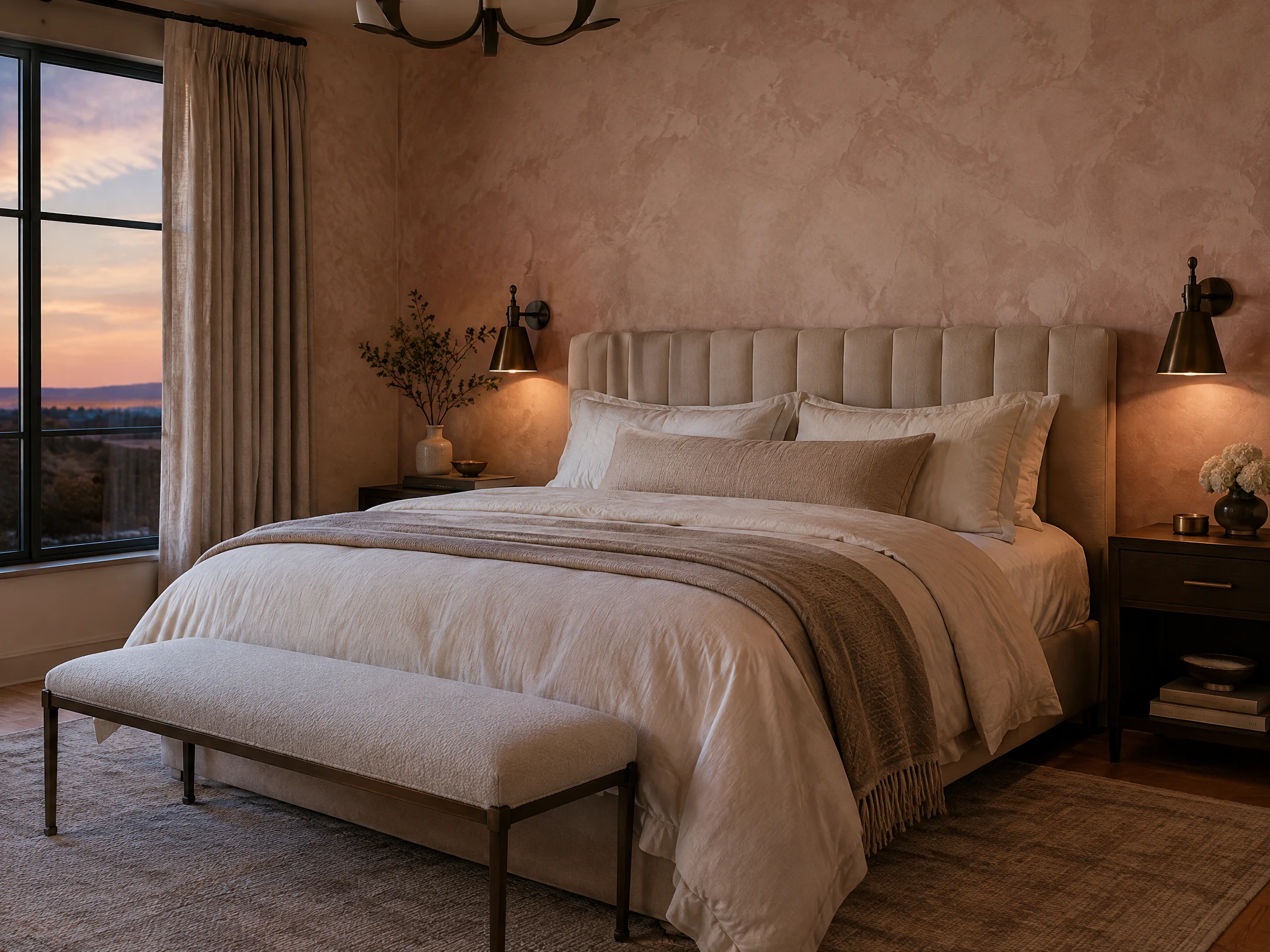 Luxury bedroom with soft blush wallcovering
