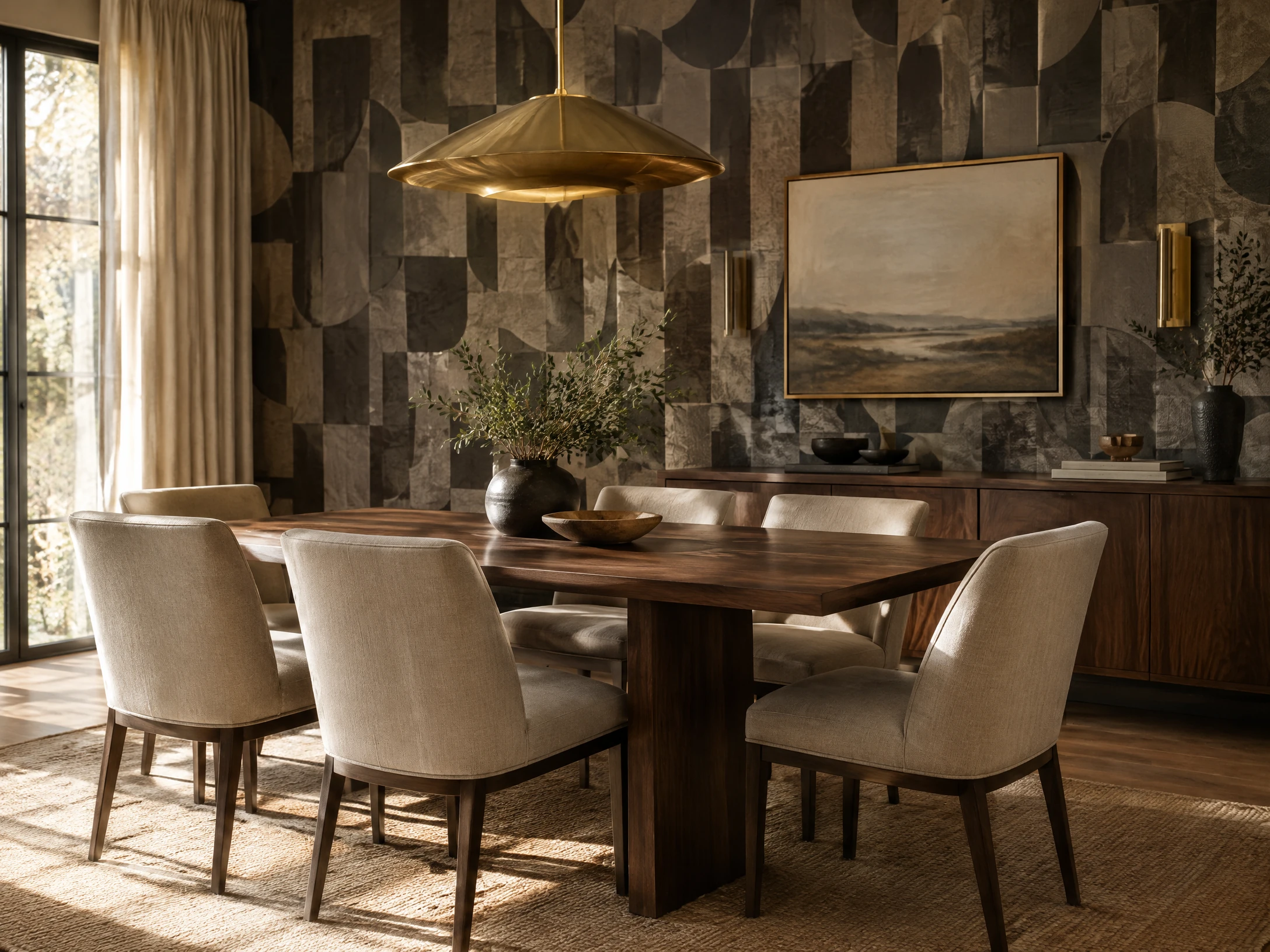 Sophisticated dining room with geometric taupe wallpaper
