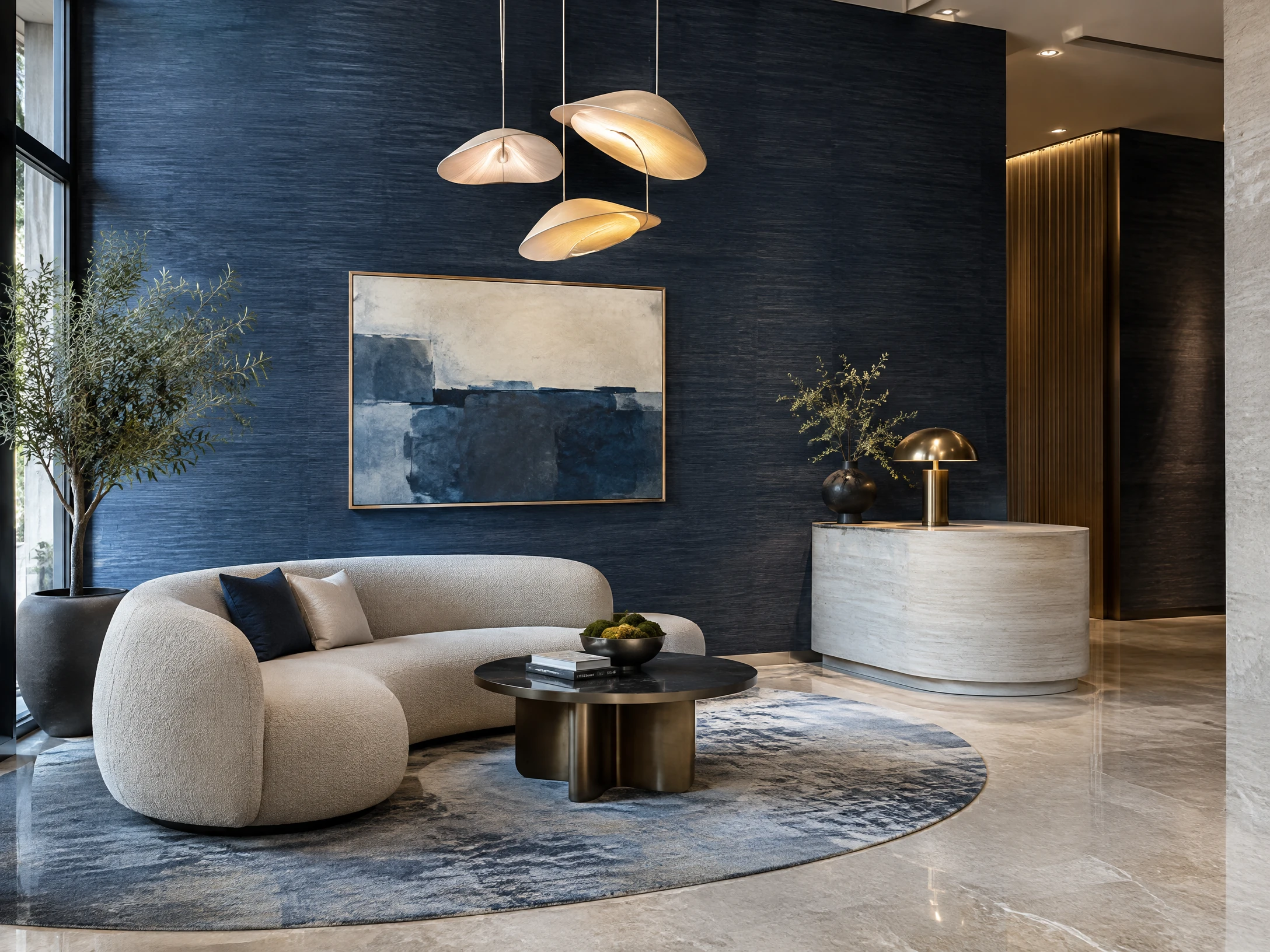 Contemporary commercial lobby with indigo grasscloth wall
