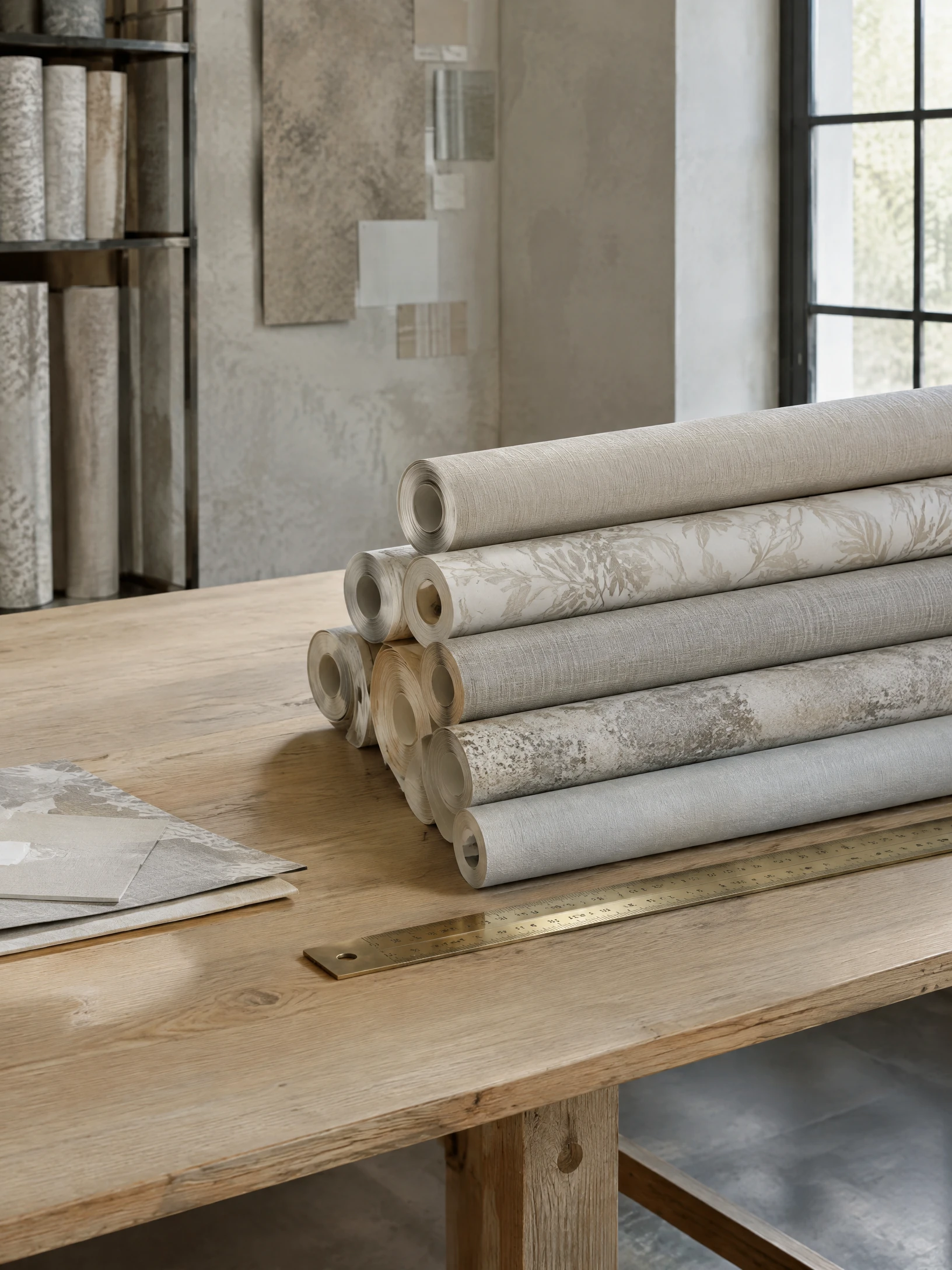 Wallpaper rolls, swatches and a brass measuring ruler in the Silk Frame Audelia studio